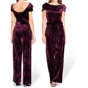 Arthur Tahari Deep Purple Crushed Velvet Off The Shoulder Jumpsuit Sz 16 Dark